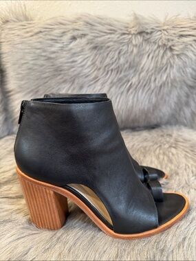 Loeffler Randall Black Open-Toe Leather Block Heel Ankle Boot Size 9B